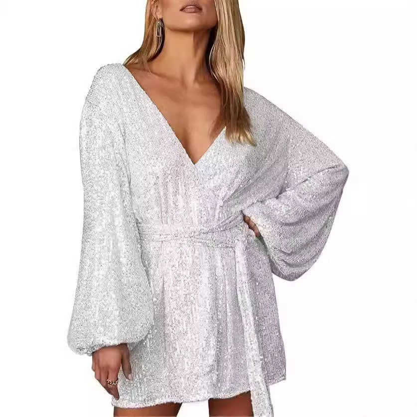 Damen Glitzernder Morgenmantel mit elegantem V-Ausschnitt und breiten Ärmeln WW