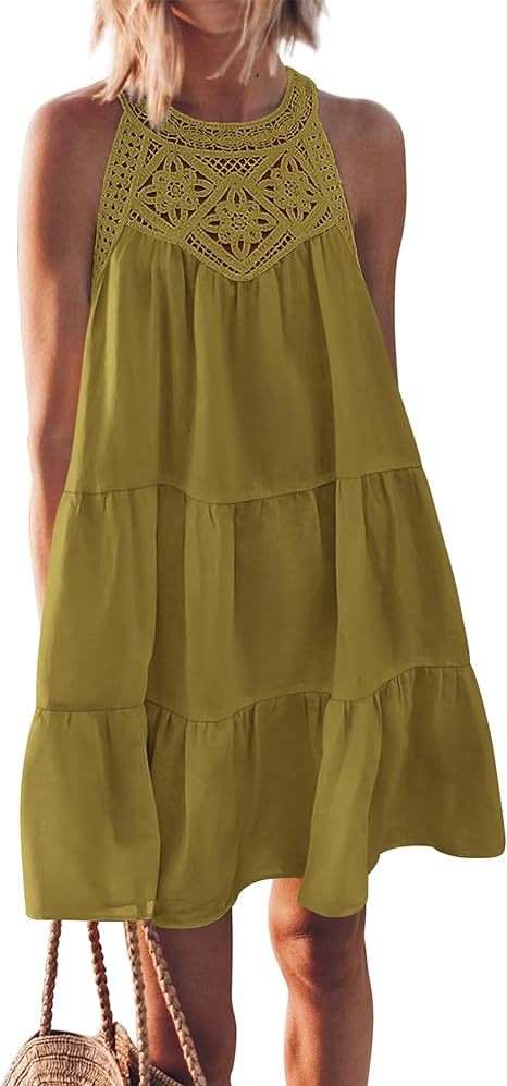 Damen Luftiges Sommerkleid mit Spitzenbesatz und weit geschnittenem Saum WW