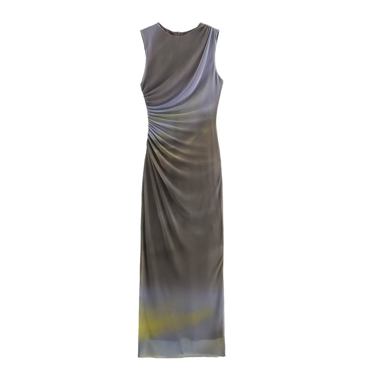 W&W Mode | Einfarbiges Rundhalsausschnitt Ärmelloses Faltendes Slim Fit Kleid