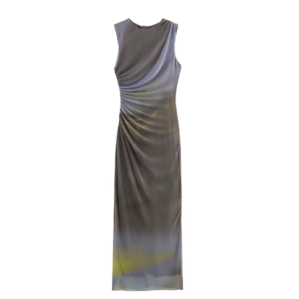 WWMODE | Einfarbiges Rundhalsausschnitt Ärmelloses Faltendes Slim Fit Kleid