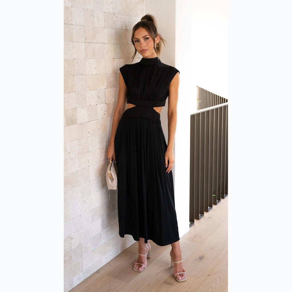 WW | Sweet Street Sommer Stehkragen Einfarbig Gekürztes Outfit Maxi Kleid