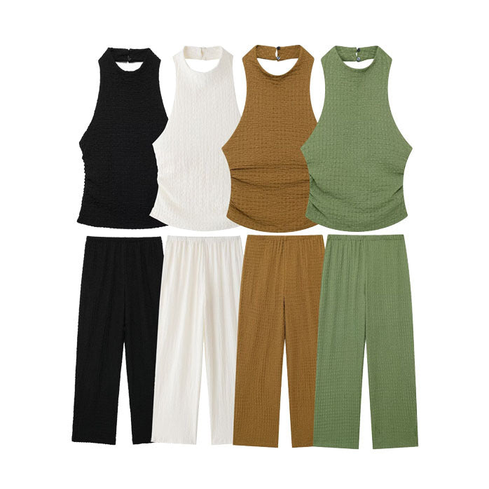 WWMODE | Sommer Slim Fit Dünne Textur Offene Rücken Halter Neck Top Lange Hosen Freizeit Anzug