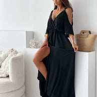 WW | Satin-Träger-Spitzen-V-Ausschnitt-Langes Kleid