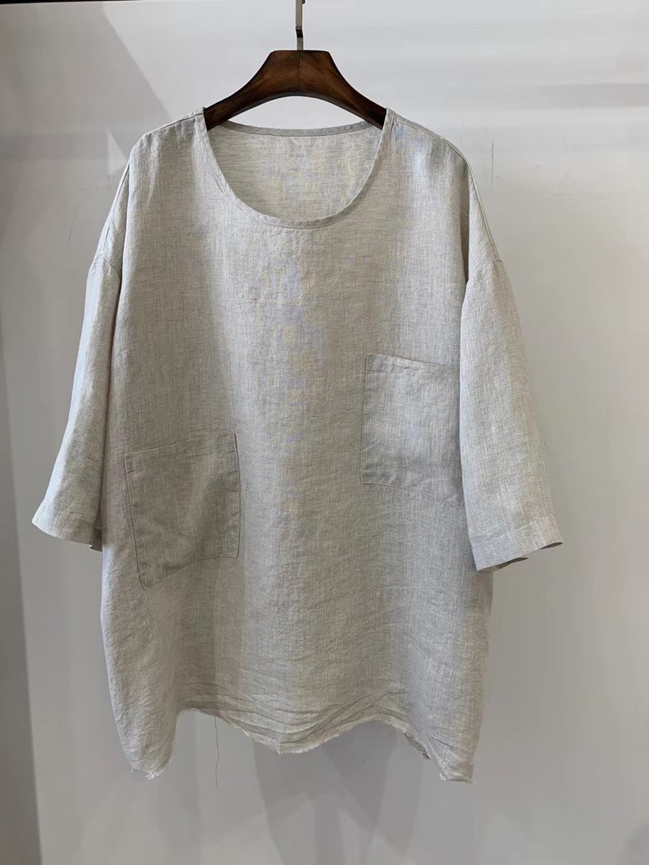 Damen Relaxed Fit Leinen Tunika mit aufgesetzten Taschen WW