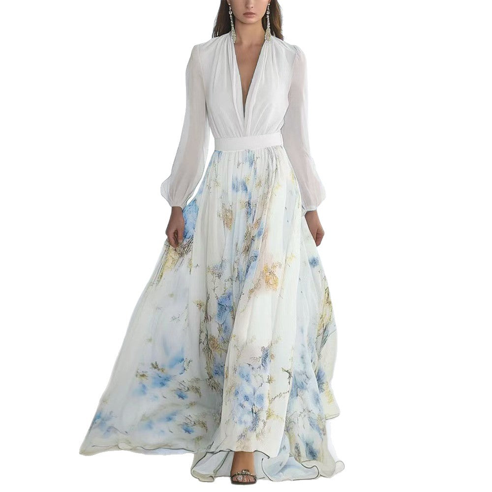 Damen Maxikleid mit floralem Chiffon und eleganten Puffärmeln WW