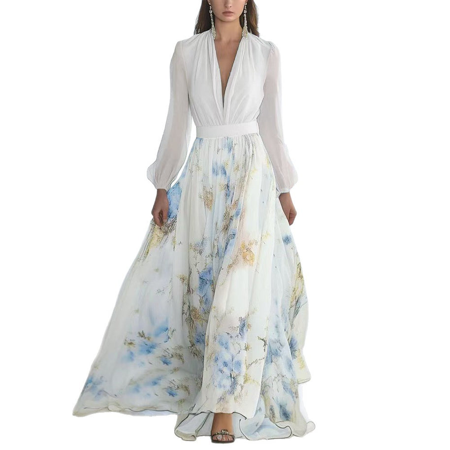 Damen Maxikleid mit floralem Chiffon und eleganten Puffärmeln WW