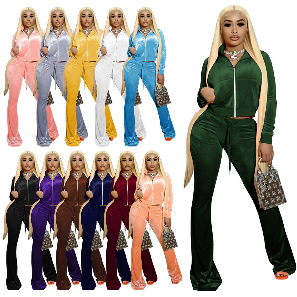 Damen Velours Tracksuit mit Zip-Front und weit geschnittener Hose WW