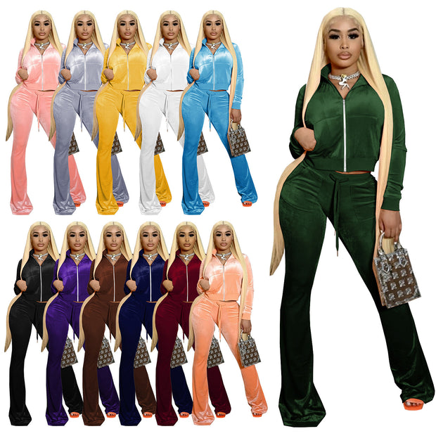 Damen Velours Tracksuit mit Zip-Front und weit geschnittener Hose WW