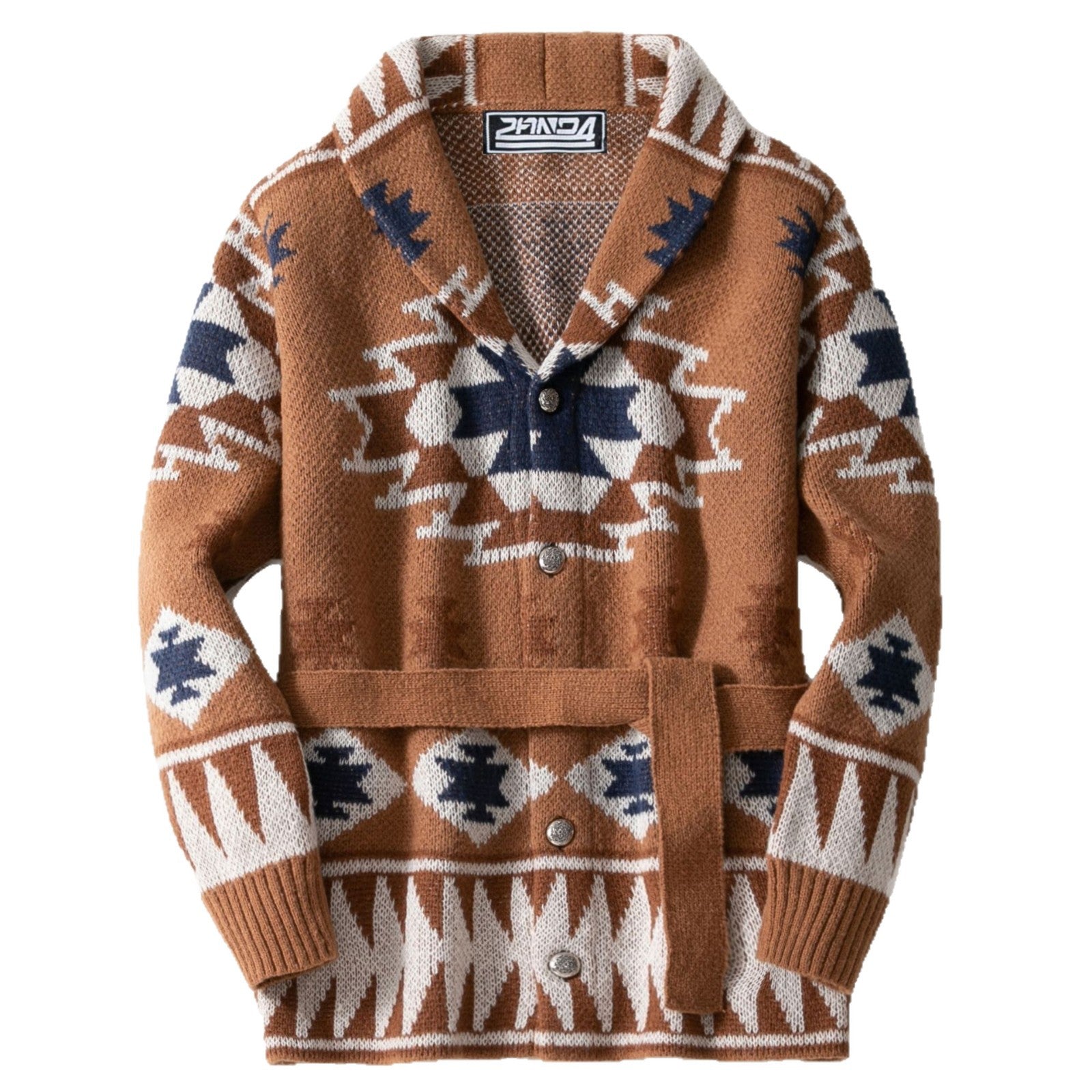 Damen Strickjacke mit geometrischem Muster und Gürtel WW