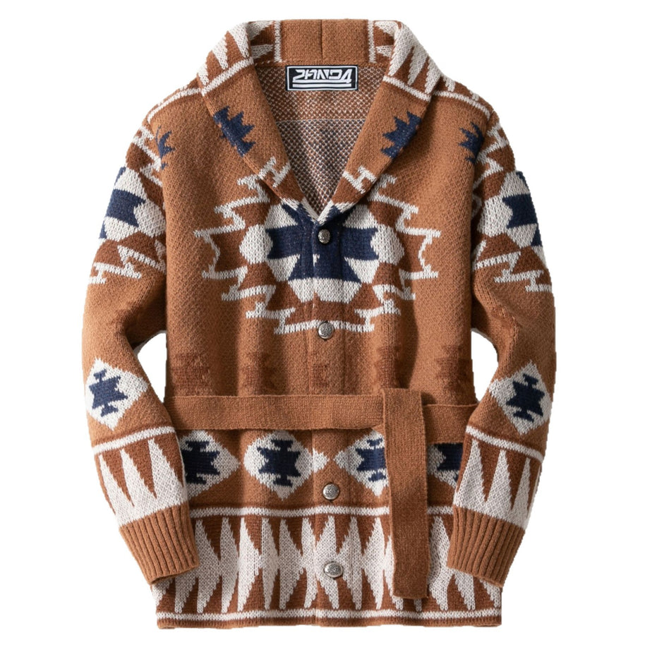 Damen Strickjacke mit geometrischem Muster und Gürtel WW