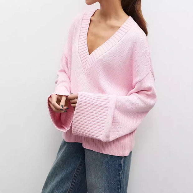 Damen Strickpullover mit tiefem V-Ausschnitt und lässigem Schnitt WW