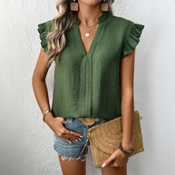 Damen Bluse mit voluminösen Rüschenärmel und eleganter V-Ausschnitt WW