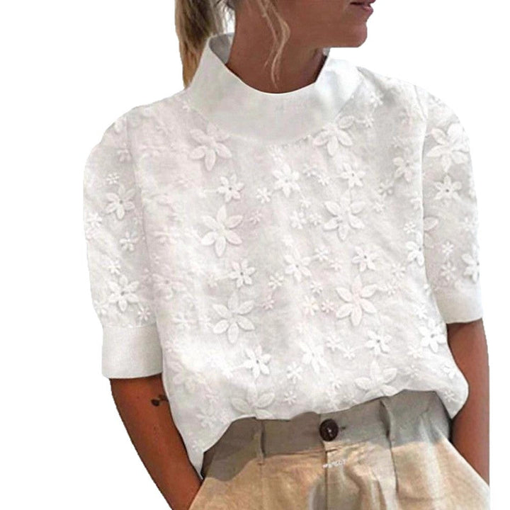 Damen nan leichte bestickte Bluse mit Stehkragen und dreidimensionaler Blütenapplikation W&W Mode
