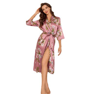 Damen Floral Satin Robe mit offenem Schlitz WW