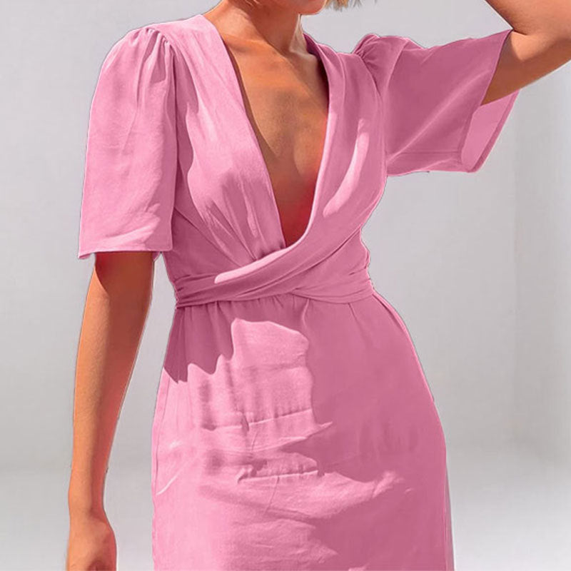 Damen Maxikleid mit tiefem V-Ausschnitt und Puffärmeln W&W Mode