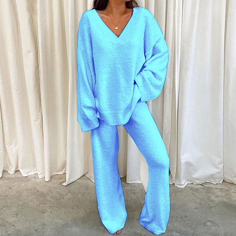 Damen Bequemes Fleece-Loungewear-Set mit V-Ausschnitt WW