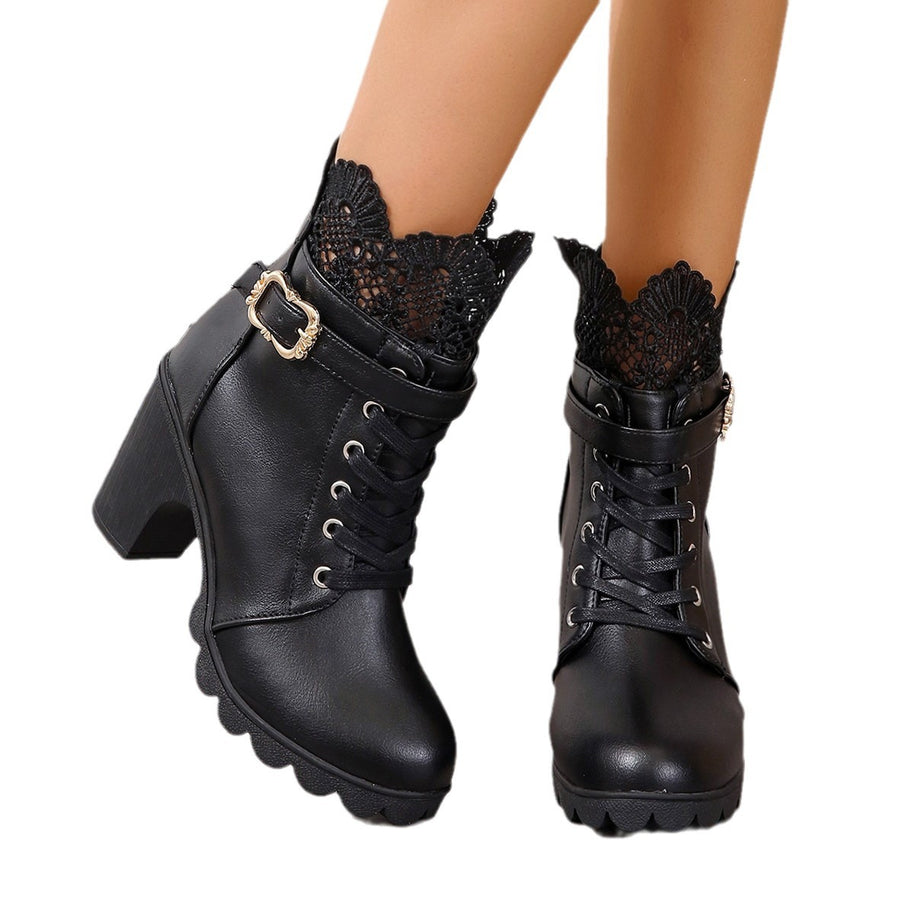 Damen Ankle Boots mit elegantem Spitzenbesatz und modischem Blockabsatz WW