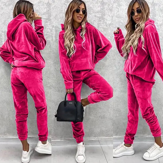 Damen sportliches Velours-Loungewear-Set mit Kapuze und elastischem Bund WW