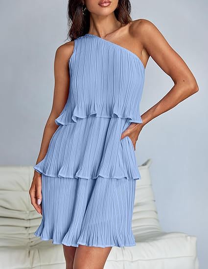 Damen asymmetrisches Plisseekleid mit Rüschendetails und eleganter A-Linie WW