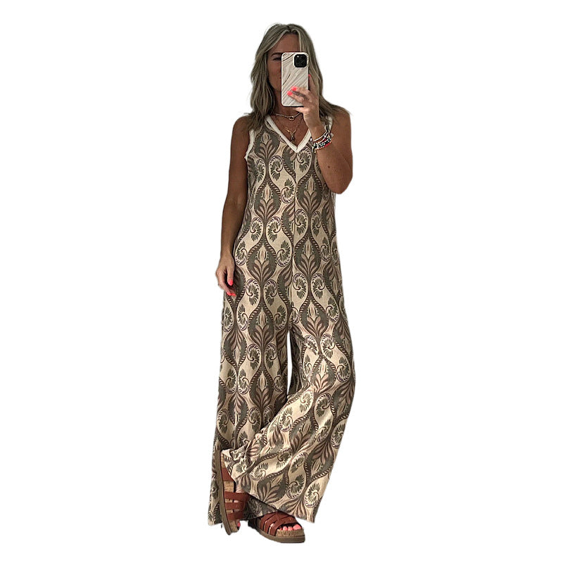 Damen Jumpsuit mit weitem Bein und elegantem Blattmuster WW