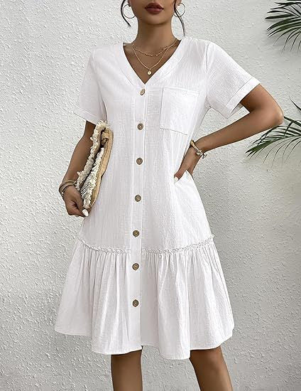 Damen Freizeit Knopfverschluss Mini Kleid WW