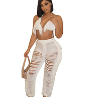 Damen Strandoutfit mit fransigem Crop-Top und lässiger Hose WW