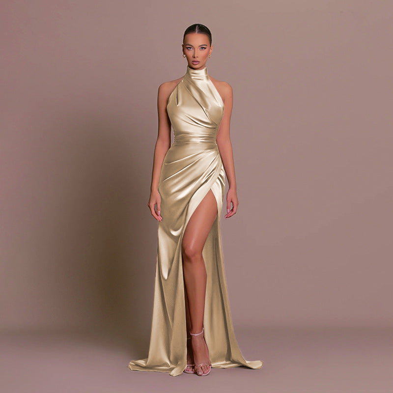 WW | Brautjungfernkleid Satin Halter Offene Rückseite Ärmellos Elegant Hochzeit Cocktail Zeremonie Gast