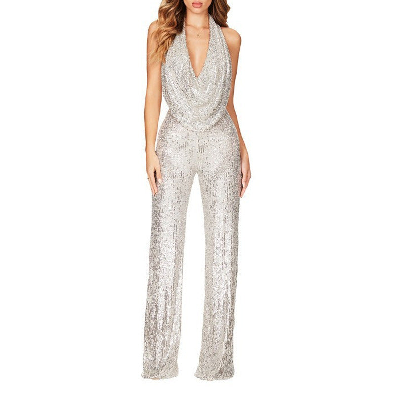 Damen Glamouröser Jumpsuit mit schimmerndem Paillettenbesatz und tiefem V-Ausschnitt WW