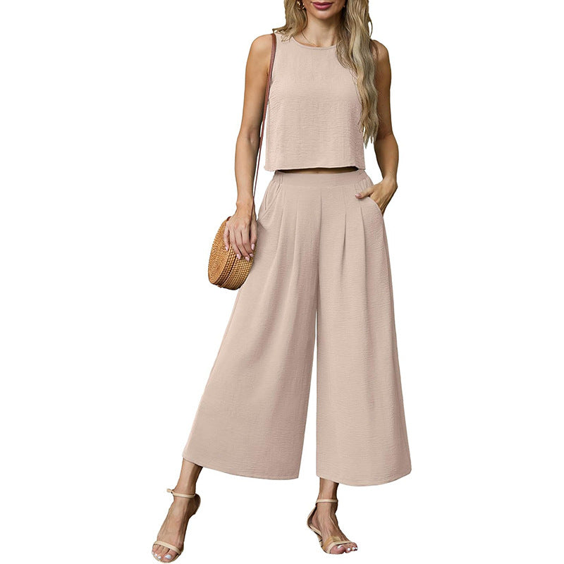 Damen luftiges Zweiteiler-Set mit weitem Hosenbein und ärmellosem Top W&W Mode