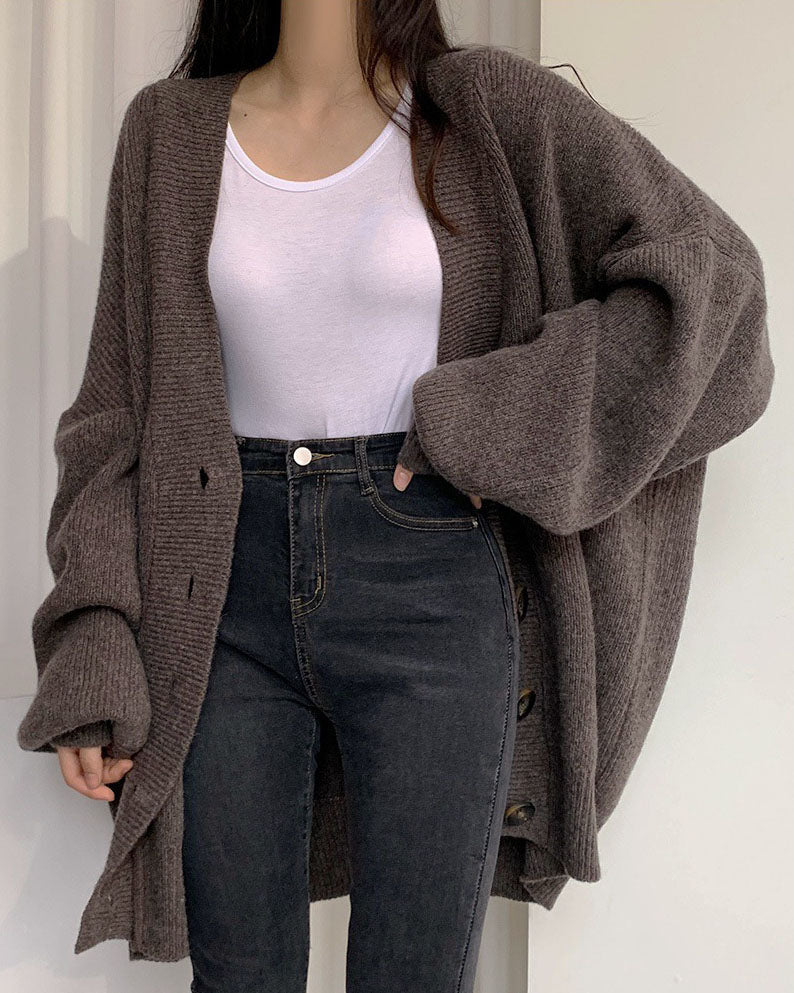 W&W Mode V-Ausschnitt einreihig lockerer Laternenärmel Strickcardigan