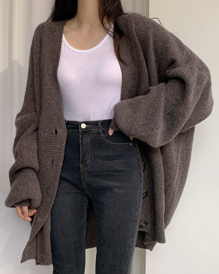 W&W Mode V-Ausschnitt einreihig lockerer Laternenärmel Strickcardigan