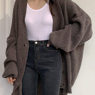 WW V-Ausschnitt einreihig lockerer Laternenärmel Strickcardigan