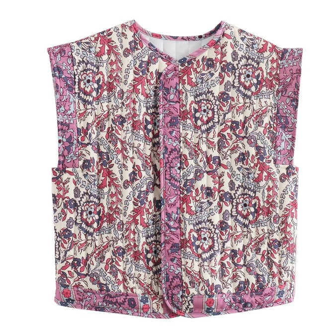 Damen gesteppte Weste mit floralem Design und praktischen Taschen W&W