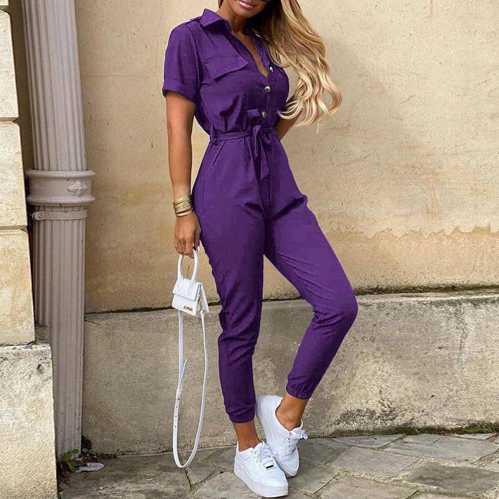Damen figurbetonter Kurzoverall mit Knopfleiste und taillierbarem Gürtel WW
