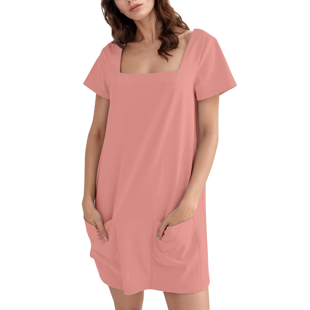Damen lässiges Tunika-Kleid mit praktischen Taschen und Quadrat-Ausschnitt WW