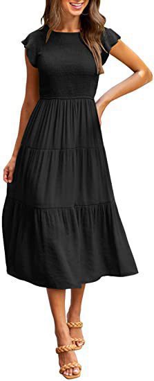 Damen Midi-Kleid mit elastischem Oberteil und voluminösem Saum WW