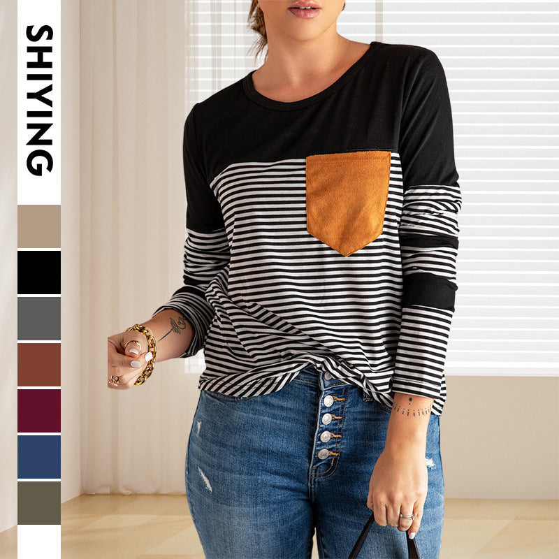 Damen gestreiftes Longsleeve-Oberteil mit hervorgehobenem Brusttaschen-Design WW