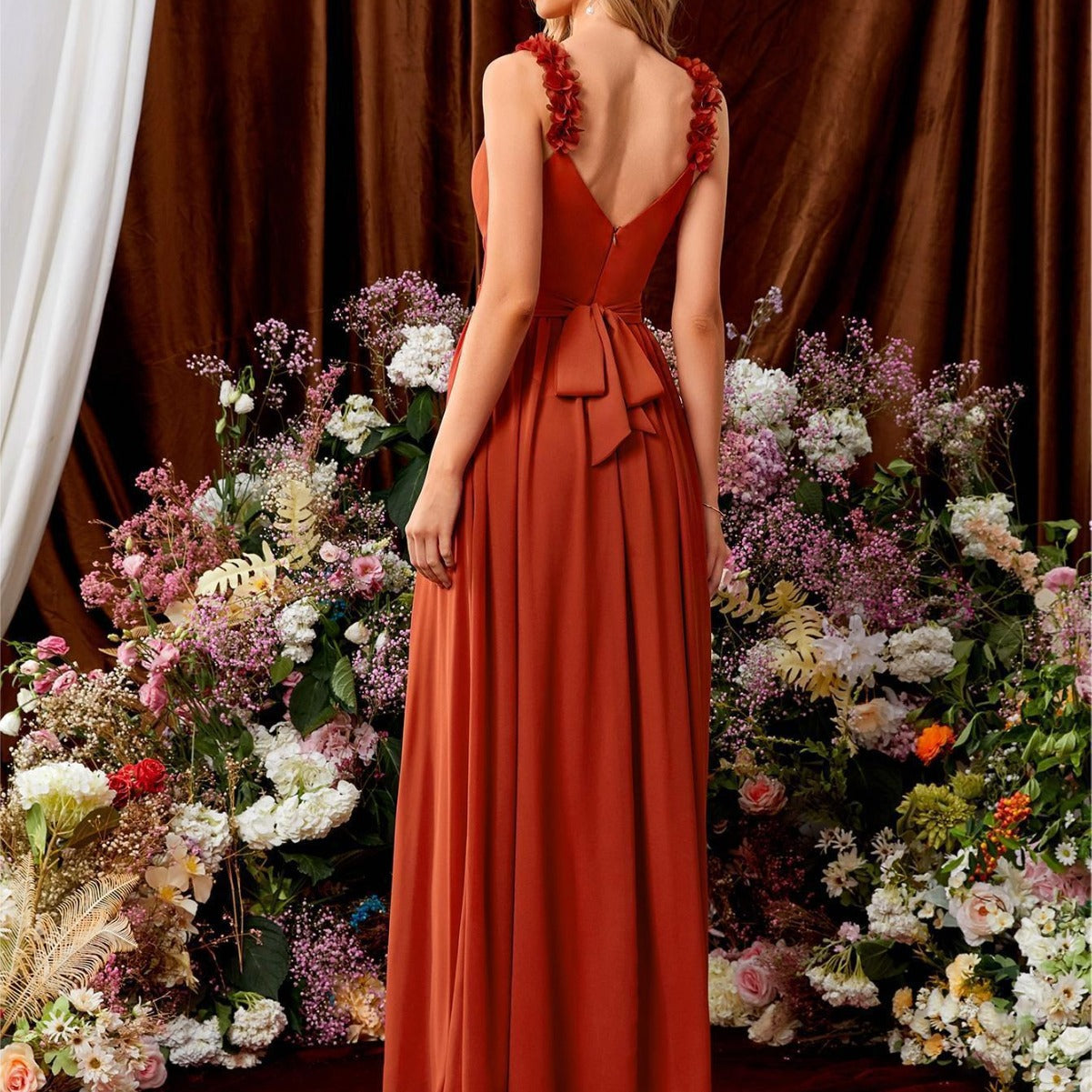 WW | V-Ausschnitt Träger Abendkleid Spitze Plissierter Rückenlos Sexy Groß Schwingtanz Kleid Festkleid Brautjungfernkleid Sommer