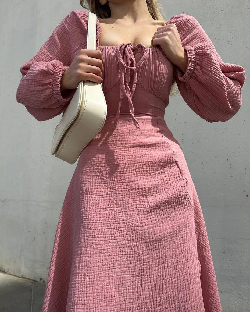 Damen Midi-Kleid mit Ballonärmeln und Schnürung WW
