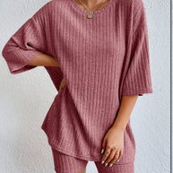 Damen komfortables Kurzarm Set mit Rippstrick und relaxed Schnitt WW