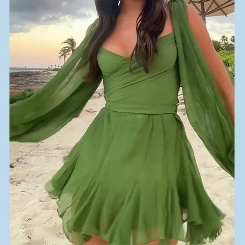 Damen Kurzkleid mit schwingendem Rock und transparenten Ärmeln WW