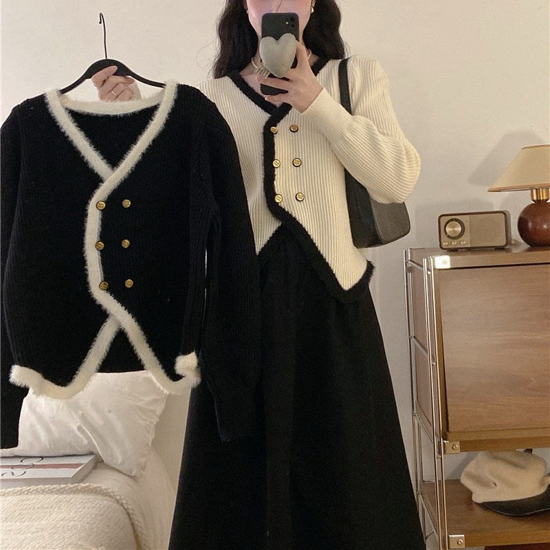 Damen Strickjacke mit asymmetrischem Schnitt und goldenem Knopfdesign WW