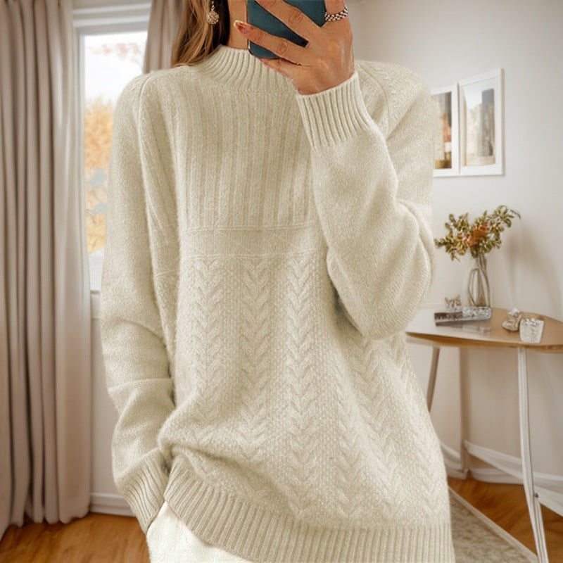 Damen Strickpullover mit kreativem Zopfmuster und hohem Kragen WW