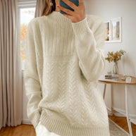 Damen Strickpullover mit kreativem Zopfmuster und hohem Kragen WW