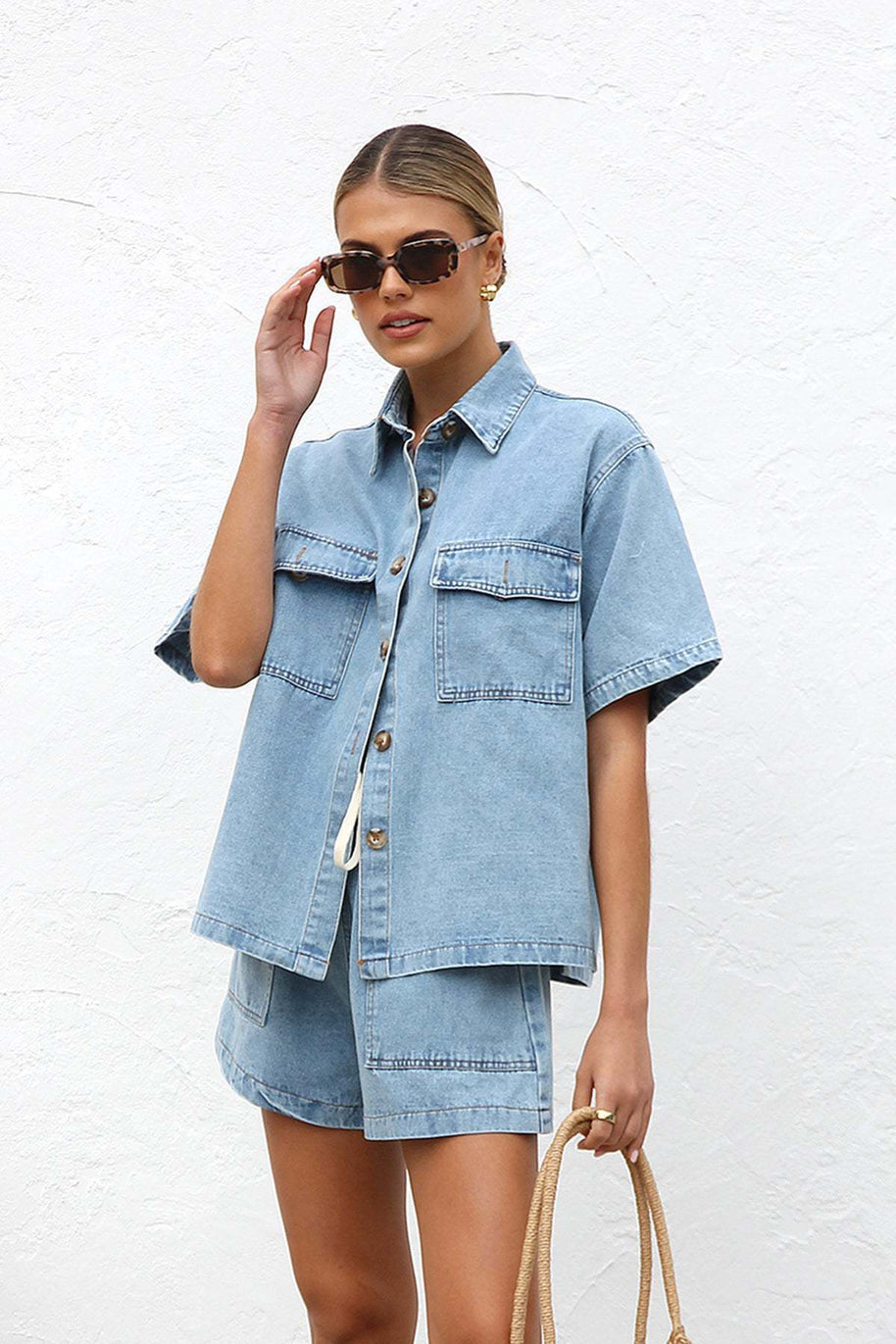 Damen Denim-Crop-Top und Shorts-Set mit praktischen Taschen und lässigem Schnitt WW