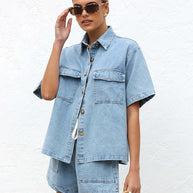 Damen Denim-Crop-Top und Shorts-Set mit praktischen Taschen und lässigem Schnitt WW