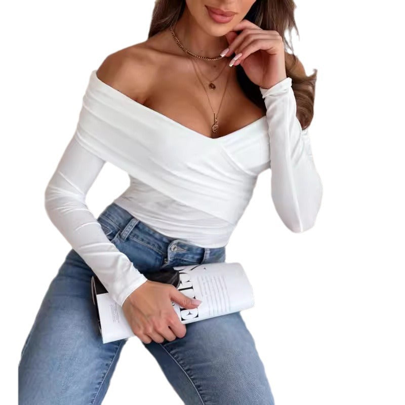 Damen schulterfreies Langarm-Oberteil mit elegantem Raffungseffekt WW