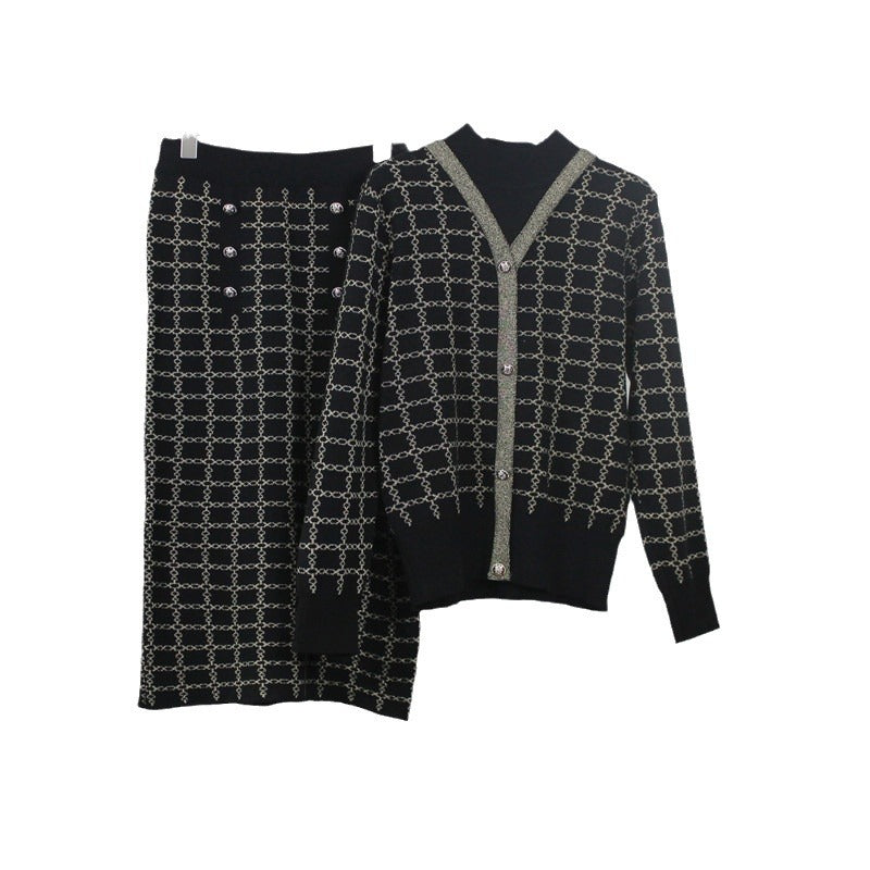 Damen Strickensemble mit dekorativen Knöpfen und elegantem V-Ausschnitt WW