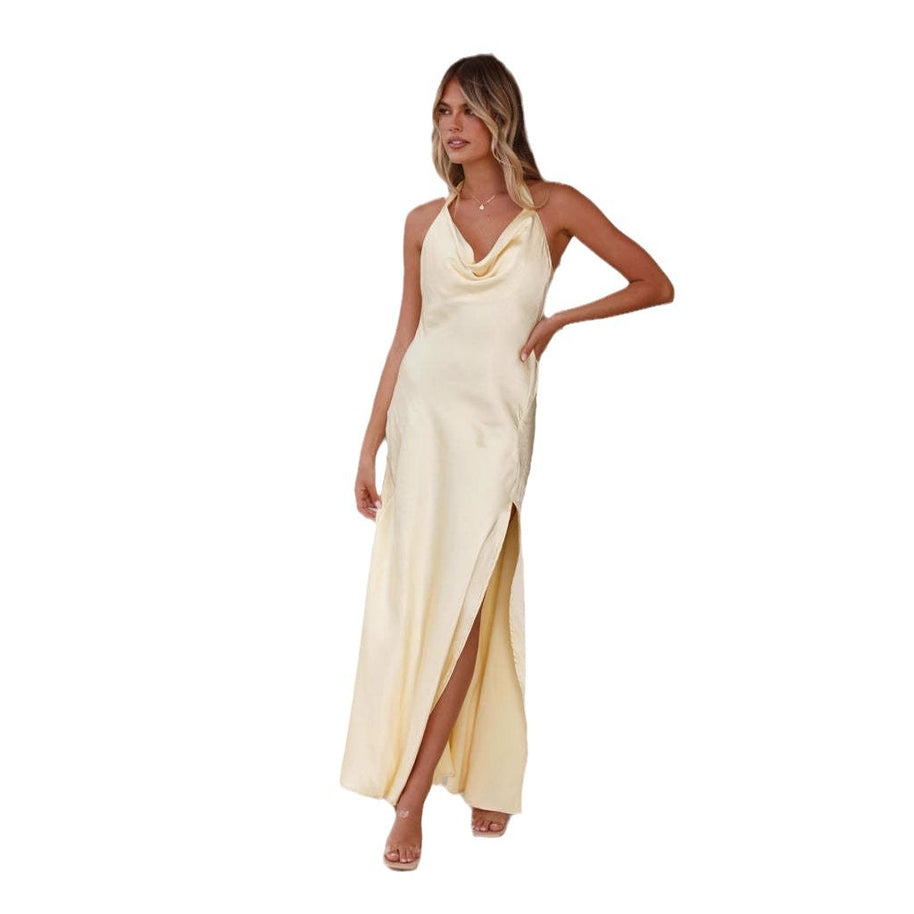 Damen elegantes Maxikleid mit fließendem Satin-Ausschnitt und hohem Schlitz WW