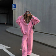 Damen bequeme und lässige Kapuzenjacke mit weitem Schnitt und passenden Jogginghosen WW